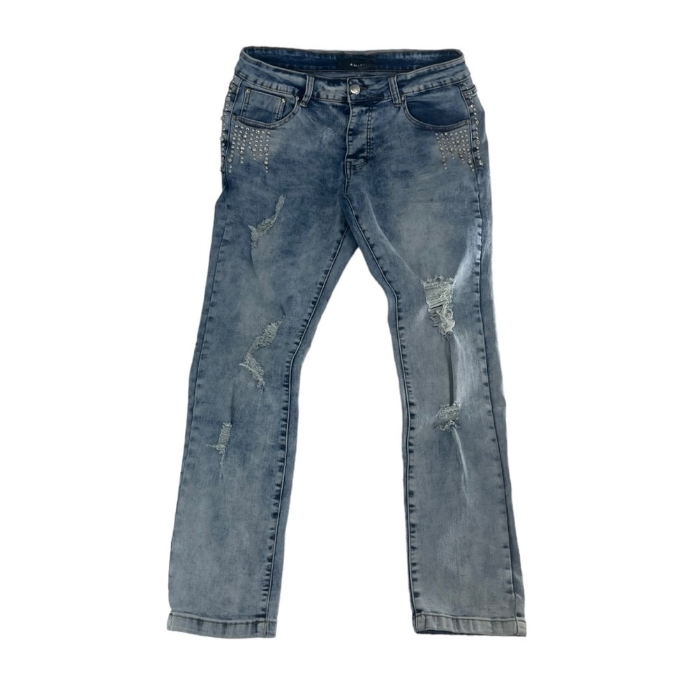 AMIRI Blue Distressed Bootcut Jeans with Stud Accents